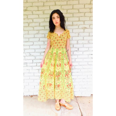 Indian Dress // vintage sun yellow high waist waisted floral boho hippie cotton hippy midi 70s 70's 1970s 1970's // S/M 