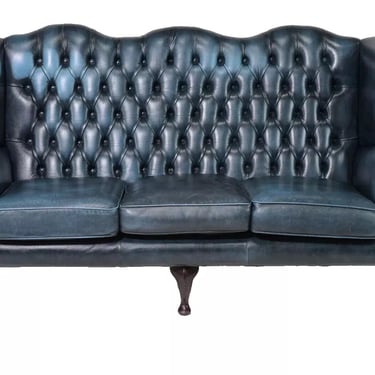 Sofa, British, Blue Leather, Wing Back, Button Tufted, Chesterfield Sofa!!