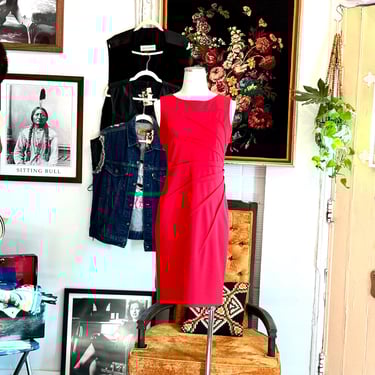 vintage calvin klein red shirred fitted dress 
