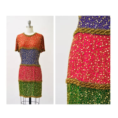 90s Vintage Sequin Dress Gold Beaded Rainbow Dress Small By Oleg Cansini // Vintage 90s Prom Dress Sequin Gay Pride 80s 90s PartyDress 