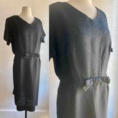 Vintage 50's Classy LINEN COCKTAIL Dress / Bow Detail / AUTHENTIC Vintage Plus Size 