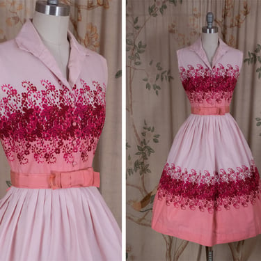 1950s Dress - The Amelie Dress - Striking Pink Ombre Floral Border Print Cotton Day Dress with Pleated Skirt Attributed to Millworth 