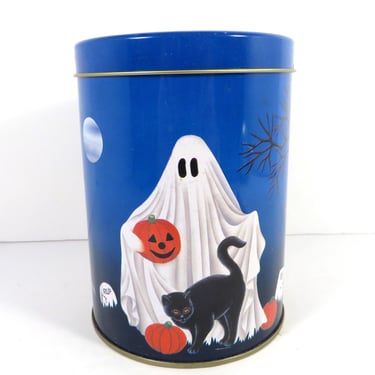 Vintage Halloween Ghost Candy Tin - Ghost Blue Tin Halloween Candy Container 