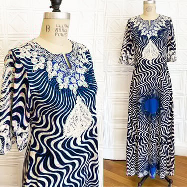 Vintage 60s 70s African Wax Print Maxi Dress with Embroidery/ 1960s 1970s Bold Blue Batik Print A-Line Maxi With Bell Sleeves M 