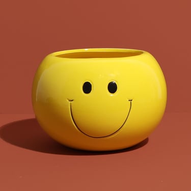Yellow Ceramic Smiley Face Planter, Retro Planter 