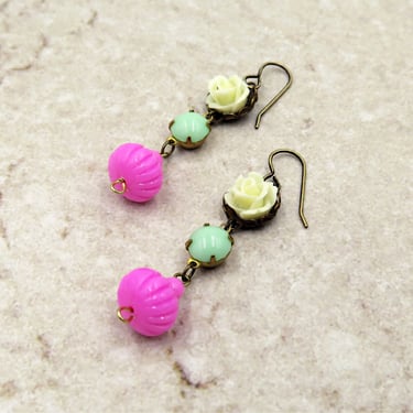 Cream Rose Earrings with Mint Green and Bright Pink Beads, Long Earrings, Spring Trends, Gift for Mom, Nostalgic Flower Earring 