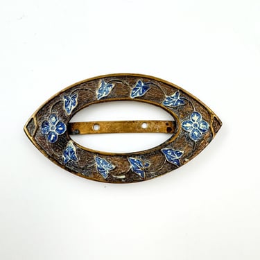 Vintage Brass and Enamel Belt Buckle | Elliptical Hammered Brass with Blue Enamel Flowers and Leaves 