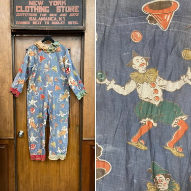 Vintage 1920’s Carnival Circus Clown Cartoon Pattern Cotton Outfit Suit, Vintage Novelty Print, Circus, 1920’s Playsuit, Vintage Halloween 