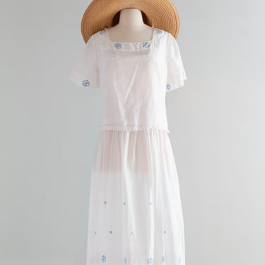 Ethereal 1920's Embroidered Cotton Lawn Two Piece Dress & Blouse / M