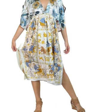 Morphew Collection Blue  Gold Status Print Silk Virgo Empire Waist Dress Made From Four Vintage Scarves 