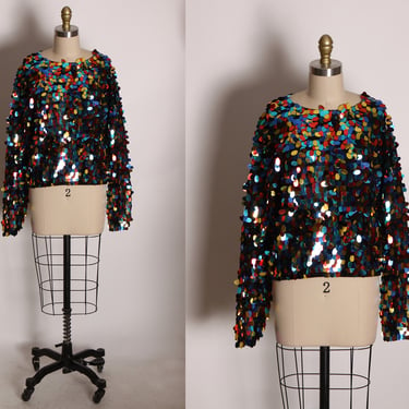 1990s Multi-Colored Rainbow Large Sequin Long Sleeve Pullover Blouse by Studio Michelle Stuart -S 