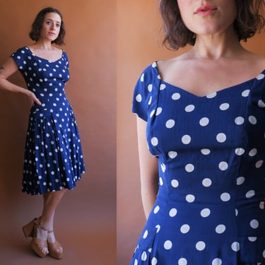 Vintage 50s Blue and White Polka Dot Dress/ Size Small 