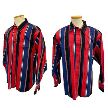 Vtg Vintage 1990s 90s Western Rodeo Wrangler Red White Blue Brush Popper Shirt 
