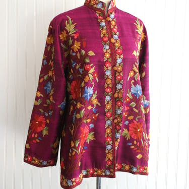 Magenta - Chainstitch Embroidery - Raw Silk - Tunic/Jacket - by Tanjore - Estimated size L 