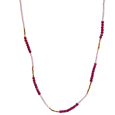 Debbie Fisher | Pink glass Seed, Gold Vermeil and Ruby Beads with gold fill clasp Necklace