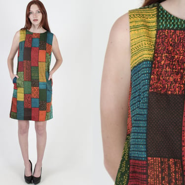 1960s Bold Colorblock Casual Shift Mini Dress With Pockets 