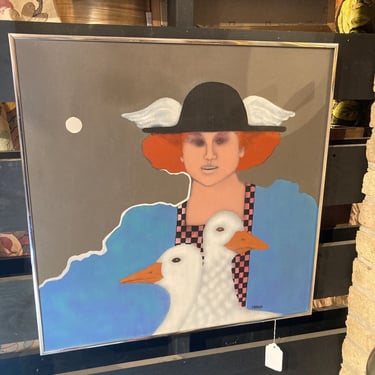 Signed original oil painting, lady with geese (24x24 in)