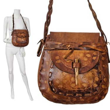 1970's Tan Tooled Leather Hippie Bag I Purse I Shoulder Bag 