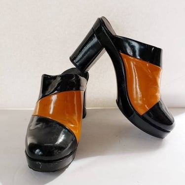 1970s Platform Shoes Mules Patent Leather Black and Brown / 70s HIppie Boho Slides High Heels Designer Collection 7 1/2 or 8 
