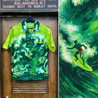 Vintage 1960’s Surfer Tiki Makaha Pipeline Lime Green Cotton Hawaiian Shirt, Pullover, Rare Style, Vintage Clothing 