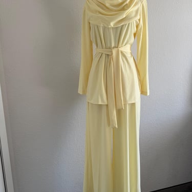 Vintage 50s Butter Yellow Summer Matching Suit Set with Amazing Cowl Neck Blouse; 70s Coordinating Lingerie Set; 60s Sheer Pantsuit 