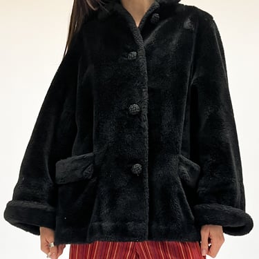 Knot Button Black Faux Fur Coat (L)