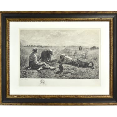 1887 Etching after Jules Breton “Luncheon in Harvest Field” Women Farmers 