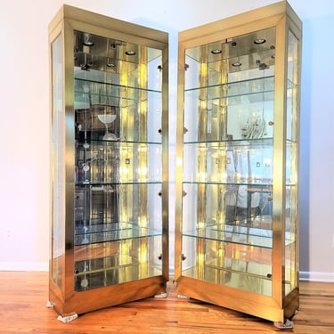 Vintage Brass and Glass Pair of Display Cabinets 
