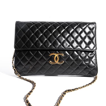 CHANEL 1989-1991 Black Quilted Lambskin Leather Jumbo Maxi Flap Bag