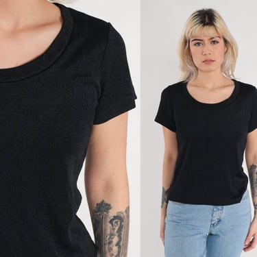 Black Baby Tee 90s Plain T-shirt Retro Scoop Neck Shirt Short Sleeve Basic Solid Tshirt Made In Italy Simple Top Vintage 1990s Medium Large 