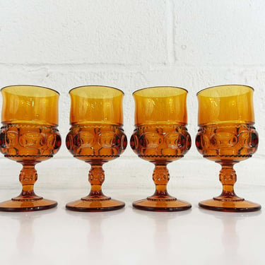 Vintage Amber Kings Crown Goblets Mount Vernon Water Glasses Thumbprint Stemmed Set of 4 Indiana Glass Yellow Orange 1970s 1960s 