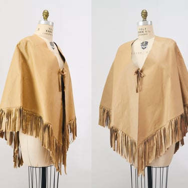 90s 2000s y2k Vintage Tan Leather Fringe Poncho Cape | Hooked on  