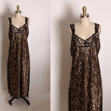 1980s Black and Brown Lace Trim Full Length Leopard Print Night Gown by Cinema Etoile -L 