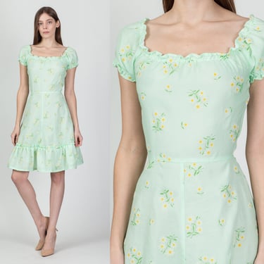 70s Mint Green Floral Puff Sleeve Mini Dress - Extra Small | Vintage Swiss Dot Boho Fit & Flare Prairie Dress 