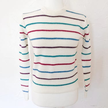 80s Cream Rainbow Striped Sweater | Small/Medium 