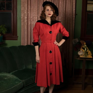 1950s Dress - Chic Red Faille Button Front Tailored Dress with Velvet Trim and Giant Buttons 