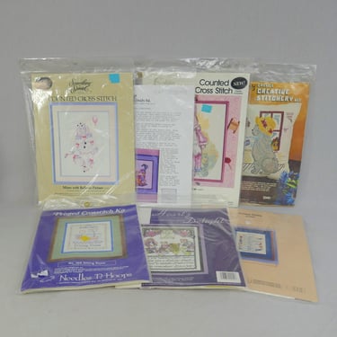 Lot of 7 Vintage Craft Kits - Counted Cross Stitch Kits, Crewel Pillow Cover Kit - Wizard, Mime, Bathroom, Moppets, Rules - Sealed 