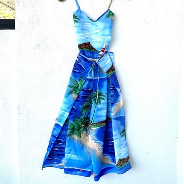 Vintage 70s Tori Richard Hawaiian Wide Leg Jumpsuit 1970s Hawaii Blue Floral Palazzo Jumpsuit 