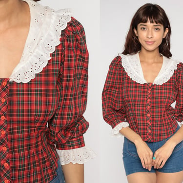 Plaid Puff Sleeve Blouse 70s 80s Cottagecore Top Eyelet Lace Collar Button Up Cropped Prairie Shirt Boho Vintage 1970s 1980s Collared Small 