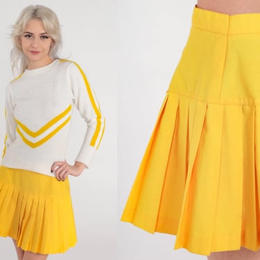 80s Cheer Skirt Yellow Pleated Mini Skirt Cheerleader High Waisted Mini School Girl Tennis Uniform Retro Preppy Plain Vintage 1980s Small S 