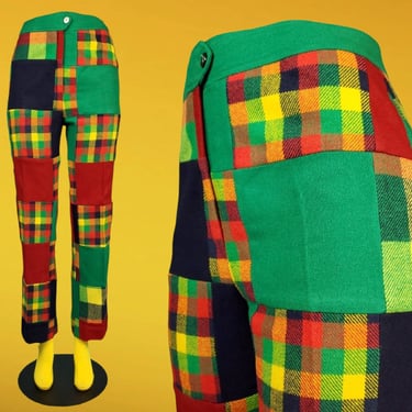 Mod wool patchwork pants. 1960s super warm high rise fully lined vibrant plaid. Aprés ski lodge cabin winter. Mega MOD. (27 x 29) 