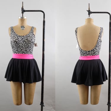 Vintage 80s Skirted Swimsuit – Black & White Swirl - Neon Pink Waistband – Pin-Up Swim Dress – NWTs – Made in USA – Size 11/12 - Medium 