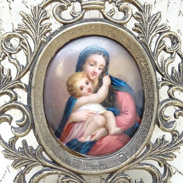 Hand Painted Miniature Portrait of Saint Mary with Christ Child Jesus in Brass Frame, Antique Madonna Painting 