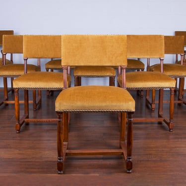 Antique Country French Provincial Walnut Dining Chairs W/ Golden Yellow Fabric - Set of 10 