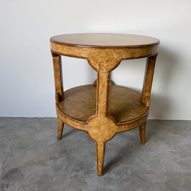 Vintage Maitland-Smith Faux Ostrich Leather Round Two-Tier End Table 
