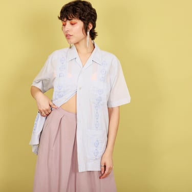 80s Blue Pastel Embroidered Guayabera Blouse Vintage Oversize Pleated Button Down Top 
