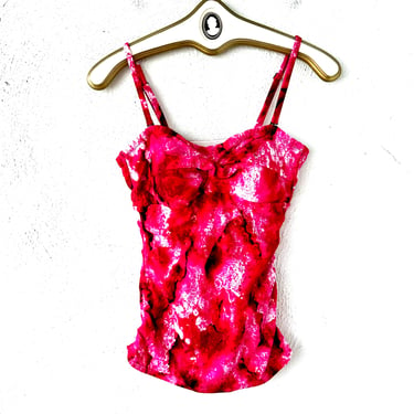 Vintage Y2k Swimsuit Tank Top Bright Pink Marble Strapless Convertible Swimwear Shirt 