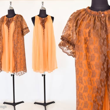 1960s Orange Peignoir Set | 60s Orange & Brown Lace Peignoir | Large 