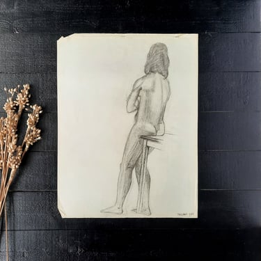 Large Original Charcoal Drawing on Ingres Paper Nude Woman Sitting on a Table Drawing 1965, Signed 