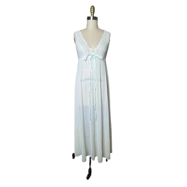 Vintage Olga 70s White with Powder Blue Ribbon Sweep Nylon Lace Nightgown Negligee Size 34 
